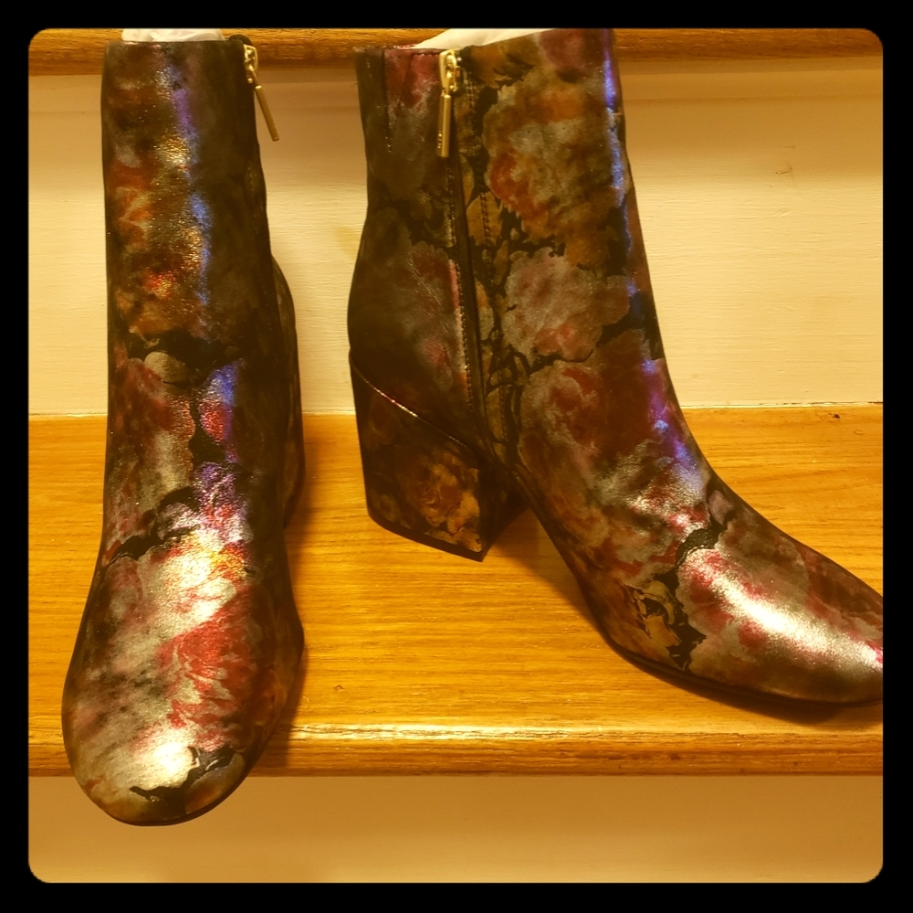 Metallic floral, leather bootie